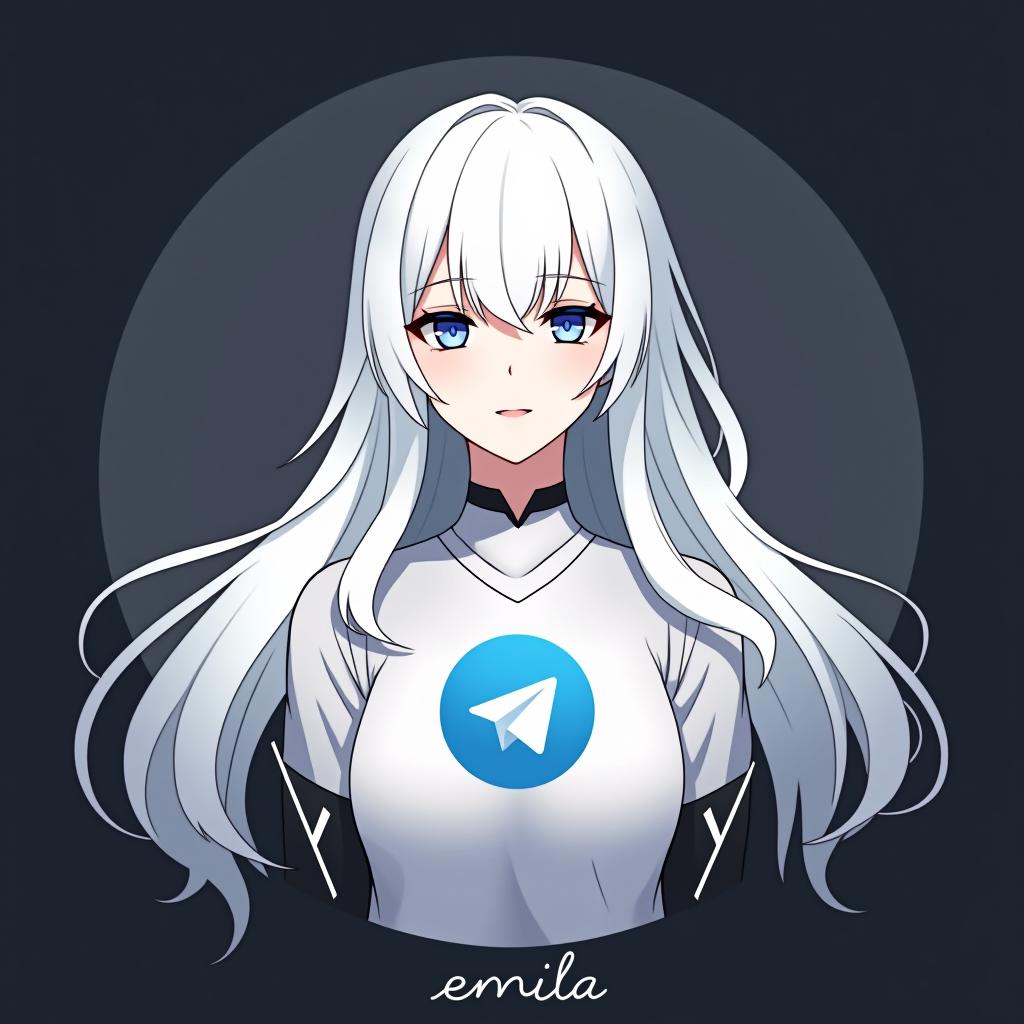  create an image of a character inspired by emilia from re:zero, featuring long white hair and an elegant appearance. the character should be wearing a shirt with the telegram logo, embodying peace and serenity. the design should be simple with a minimalistic background, and include the name 'emilia' in a stylish font