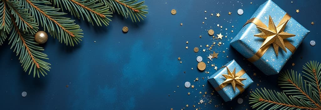  gleaming yuletide magic notion. top view picture of glistening blue and gold wrapped gifts, star toy, bright confetti, fir twigs with frost on elegant blue surface, available for your text or ad ar 3:1 {prompt}, maximum details