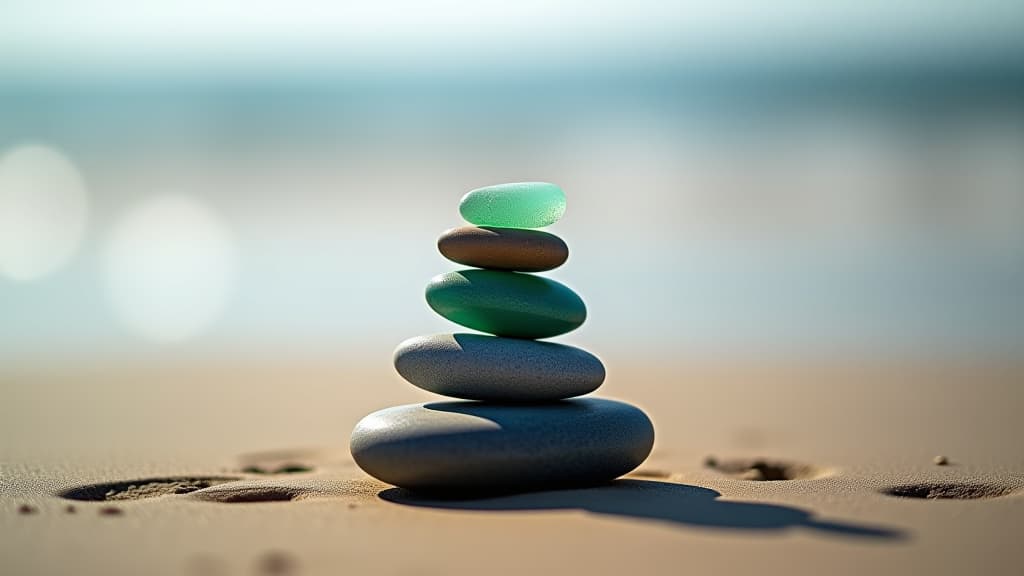  sea glass zen stones arranged in a balance pyramid on the beach, high quality, high details, hd, perfect composition, 4k epic detailed, highly detailed, sharp focus, high resolution