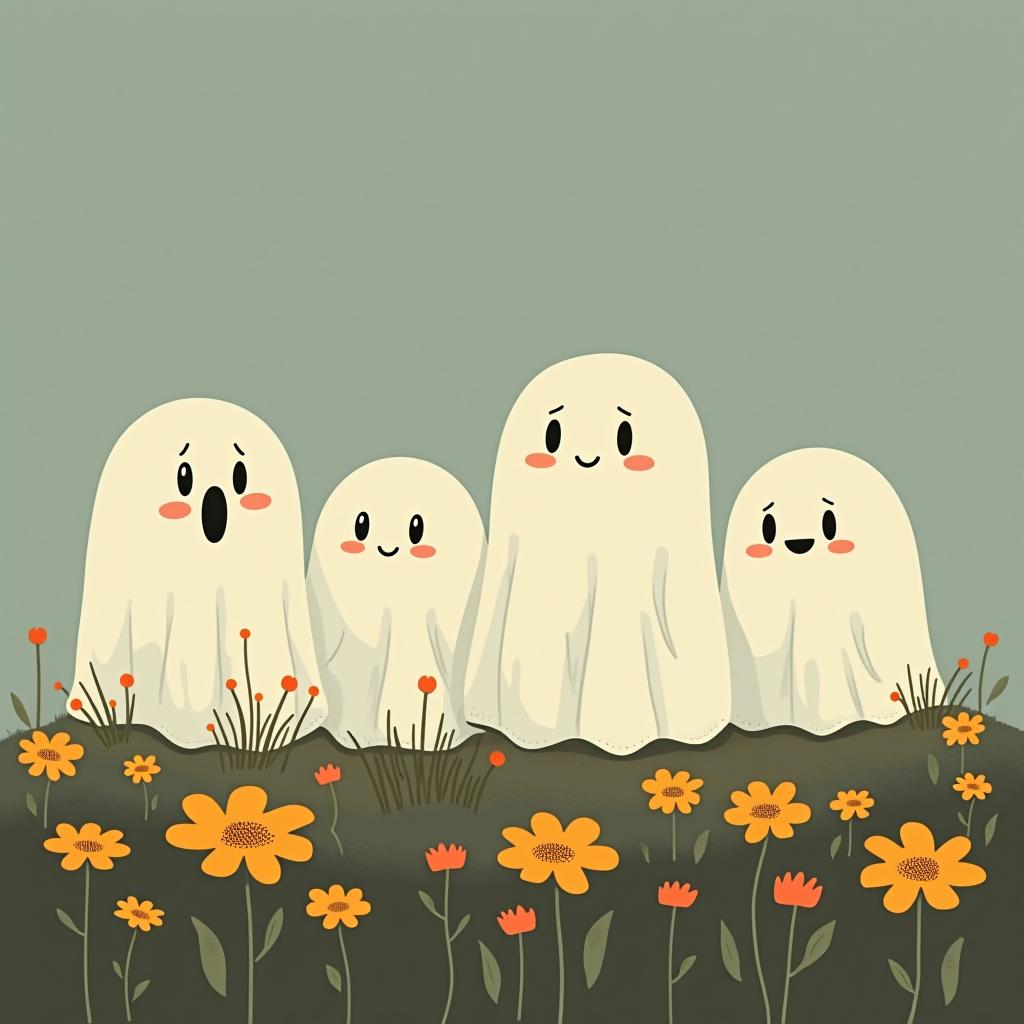  create a digital illustration featuring a row of four or five cute, cartoonish ghost characters, each with a different appearance, standing in different positions within sparse, life like wildflowers.