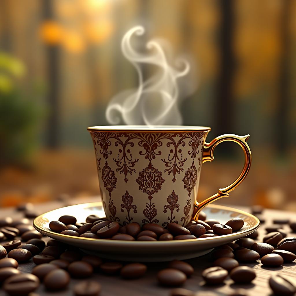  concept art coffee mug with exquisite patterns, steam coming from the mug, coffee beans. autumn park, golden patterns. stylistics: victorian neo rococo, fantastic surrealism, refined, stylish, elegant, rococo, fantasy . digital artwork, illustrative, painterly, matte painting, highly detailed hyperrealistic, full body, detailed clothing, highly detailed, cinematic lighting, stunningly beautiful, intricate, sharp focus, f/1. 8, 85mm, (centered image composition), (professionally color graded), ((bright soft diffused light)), volumetric fog, trending on instagram, trending on tumblr, HDR 4K, 8K