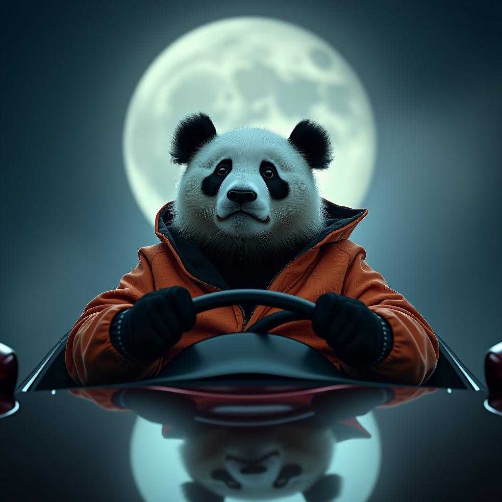  a panda driving a car, photography, on the moon, studio light, hdr 4k hyperrealistic, full body, detailed clothing, highly detailed, cinematic lighting, stunningly beautiful, intricate, sharp focus, f/1. 8, 85mm, (centered image composition), (professionally color graded), ((bright soft diffused light)), volumetric fog, trending on instagram, trending on tumblr, HDR 4K, 8K