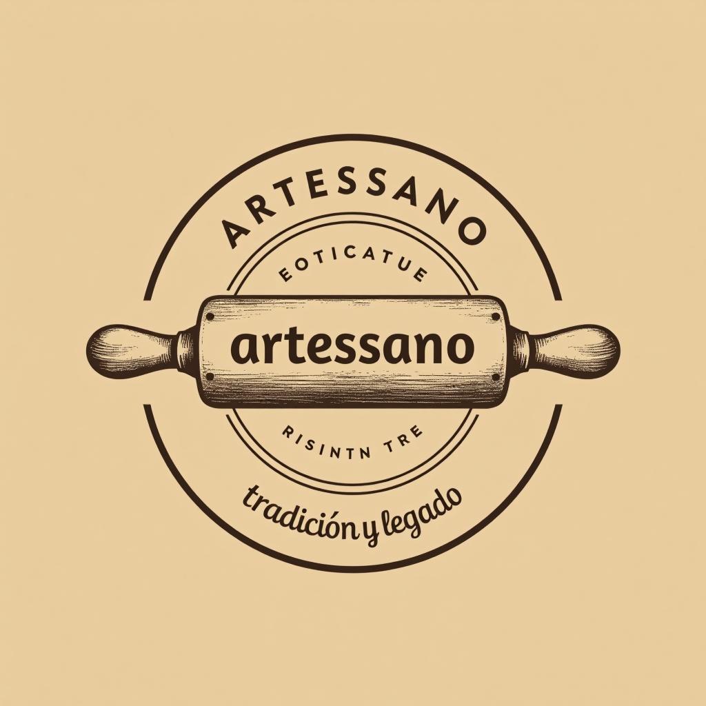  design a logo, in a pencil style. simple and elegant design circular design light and brown tones use a rolling pin image put the word “artessano” inside the image of the rolling pin, with the text 'tradición y legado'.