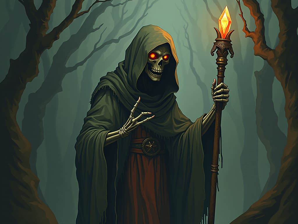  a fearsome, skeletal figure cloaked in tattered robes, hollow eyes glowing with an eerie light, gripping a long, ancient staff topped with a glowing crystal, surrounded by a dark, misty forest, malevolent presence, timeless, haunting. an illustration in the style of a worn, mystical old tarot trump card, mysterious and elements of surrealism. the colors are muted, somber and eerie, but with contrast bring out an occult and esoteric vibe.