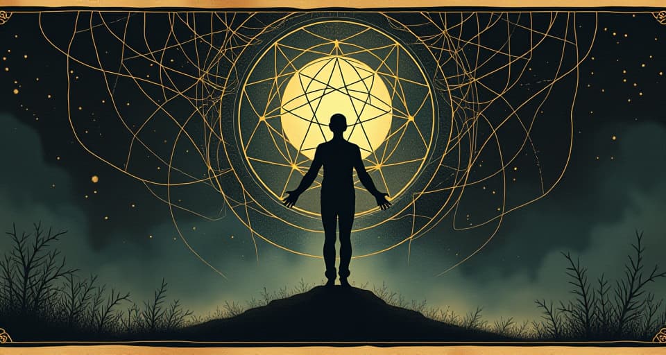  intricate cosmic web, human silhouette outlined in stardust, sublime connection, universal, ethereal oneness. an illustration in the style of a worn, mystical old tarot trump card, mysterious and elements of surrealism. the colors are muted, somber and eerie, but with contrast bring out an occult and esoteric vibe.