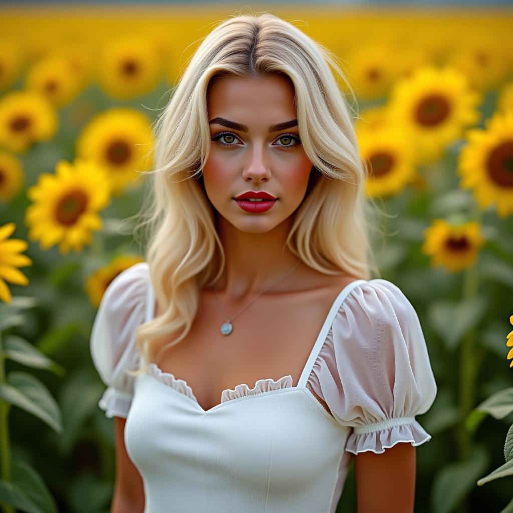  make an image of a blonde haired woman with brown eyes and tan olive skin wearing red lipstick in a field of sunflowers wearing a white milkmaid dress