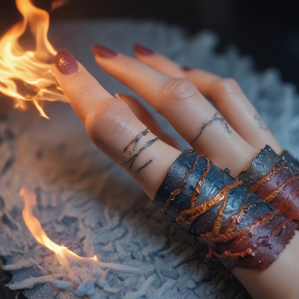 Detailed nail art featuring elements from Demon Slayer, ((Kamado Tanjiro))), swords, flames, water effects hyperrealistic, full body, detailed clothing, highly detailed, cinematic lighting, stunningly beautiful, intricate, sharp focus, f/1. 8, 85mm, (centered image composition), (professionally color graded), ((bright soft diffused light)), volumetric fog, trending on instagram, trending on tumblr, HDR 4K, 8K