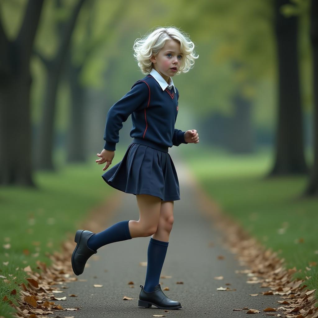  cinematic photo a student girl with short white curly hair and blue eyes feels a sharp stabbing pain in her side, one hand pressed to her side. scene in motion, running in the park, full height, side view. very tired. she's wearing school uniforms, socks above the knee, and heelless boots. high detail, dynamic scene, 4k . 35mm photograph, film, bokeh, professional, 4k, highly detailed