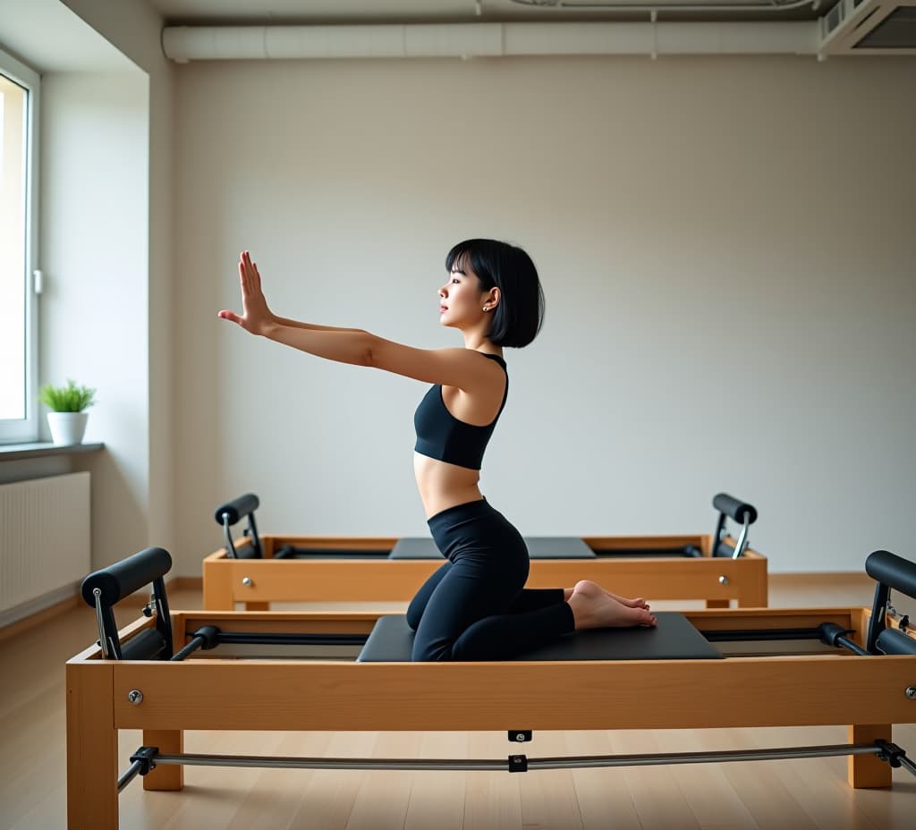  full body shot , young and beautiful korean girl doing pilates on pilates reformers beds , on a bright fitness room , black short hair , body proportion coordination, complete appearance, clear hand and foot details , realistic photography, panoramic shooting, super definition chaos 50.0 style raw stylize 750.0