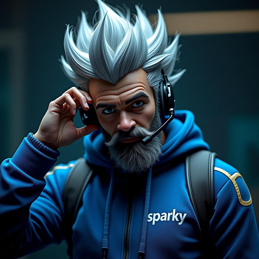  ultra realistic man black beard dressed in blue futuristic outfit with super saiyajin gray hair,putting on a headset with " sparky" written on his hoodie hyperrealistic, full body, detailed clothing, highly detailed, cinematic lighting, stunningly beautiful, intricate, sharp focus, f/1. 8, 85mm, (centered image composition), (professionally color graded), ((bright soft diffused light)), volumetric fog, trending on instagram, trending on tumblr, HDR 4K, 8K