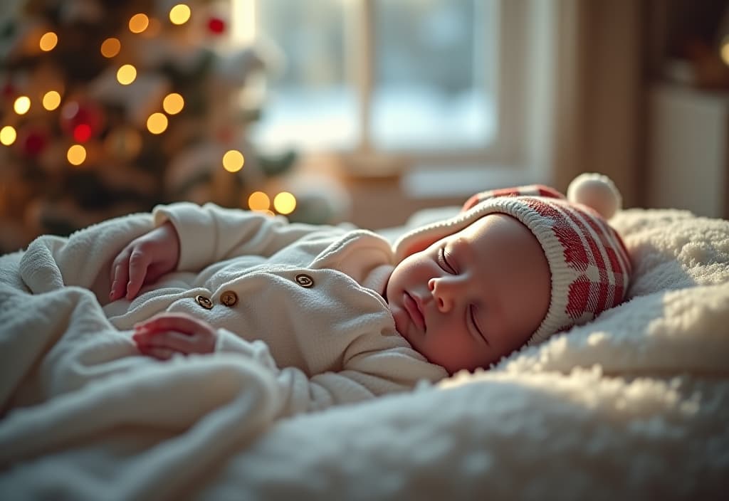  hyperrealistic art a newborn girl in a new year's suit sleeps in a bed under a snow new tree. light photos in the afternoon. the baby's showing up. . extremely high resolution details, photographic, realism pushed to extreme, fine texture, incredibly lifelike hyperrealistic, full body, detailed clothing, highly detailed, cinematic lighting, stunningly beautiful, intricate, sharp focus, f/1. 8, 85mm, (centered image composition), (professionally color graded), ((bright soft diffused light)), volumetric fog, trending on instagram, trending on tumblr, HDR 4K, 8K