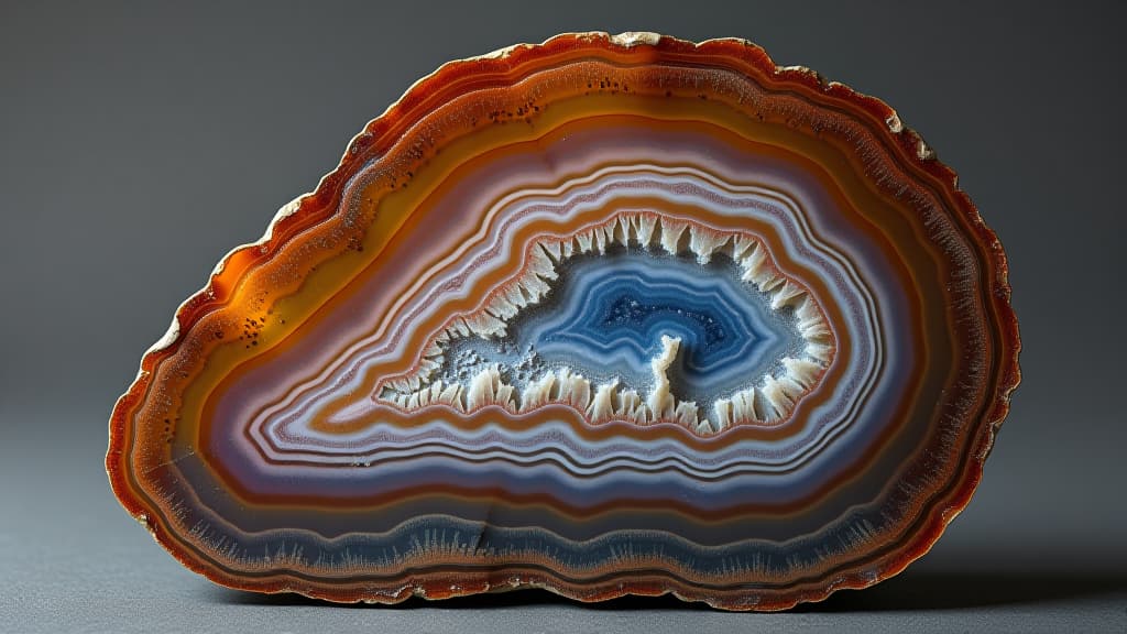  a cross section of a colorful agate stone showcasing intricate patterns and natural beauty.