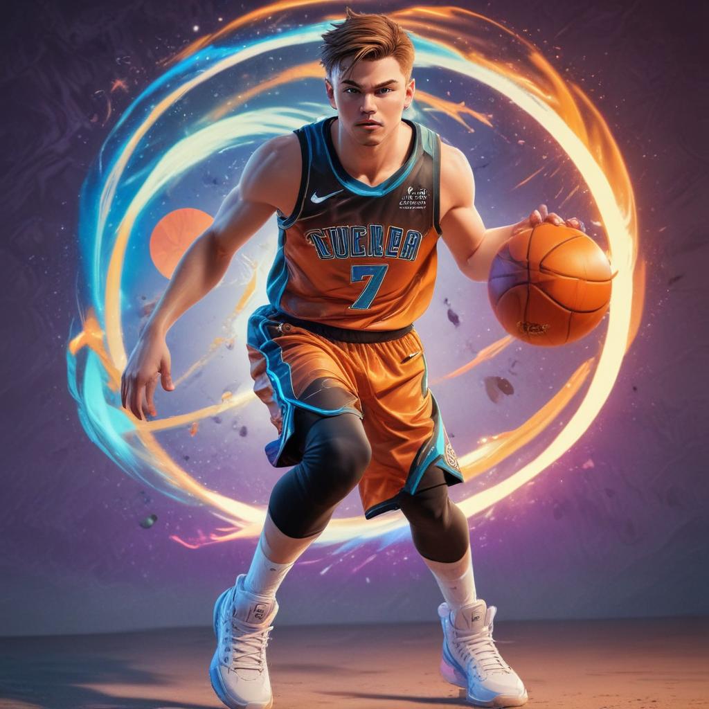 distance-shot, flashy, full-body, dynamic, holographic, animated cartoon poster of luka doncic in the style of dragon ball super