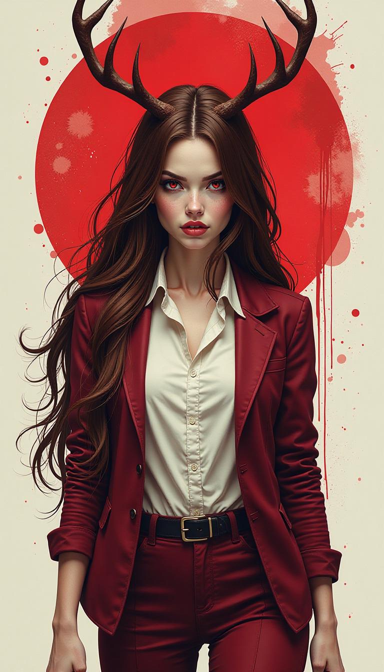  horror themed 2 , brown hair long silky hair, brightly expressed cheekbones, wide eyebrows, red eyes, upside down nose, sensitive lips, crazy smile on the face, on the head of deer horns, slim figure, maroon jacket, white shirt, maroon pants, red splashes on the background, semi darkness, seduction, top of us, watercolor view, sci fi ilration . eerie, unsettling, dark, spooky, suspenseful, grim, highly detailed