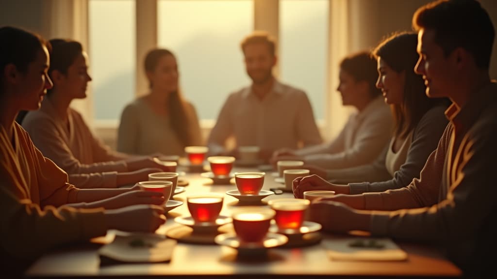  scenes about health and fitness, a warm family gathering around a table with cups of clove tea, showcasing the camaraderie and traditions surrounding tea sharing. hyperrealistic, full body, detailed clothing, highly detailed, cinematic lighting, stunningly beautiful, intricate, sharp focus, f/1. 8, 85mm, (centered image composition), (professionally color graded), ((bright soft diffused light)), volumetric fog, trending on instagram, trending on tumblr, HDR 4K, 8K