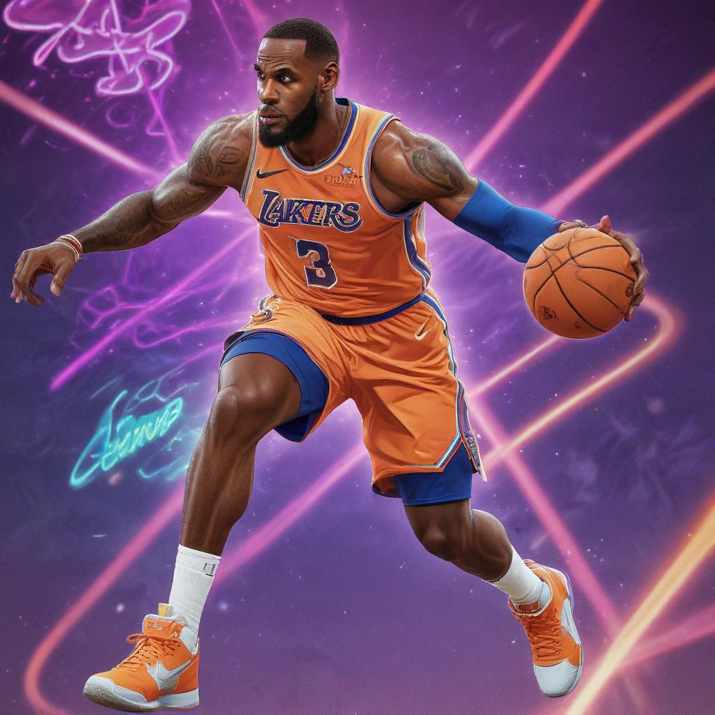 distance-shot, flashy, full-body, dynamic, holographic, animated cartoon poster of lebron james in the style of dragon ball super