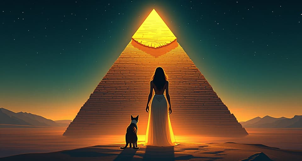  illuminated pyramid under a starry night, sacred cats (bastet) prowling around, large busted figure in sheer dress at the peak, symbolizing everything falling into place. the style is digital art illustration / modern comic book / mysterious occult, symbolic, esoteric vibe,high detail on character design, incorporating ancient egyptian symbology and attire.