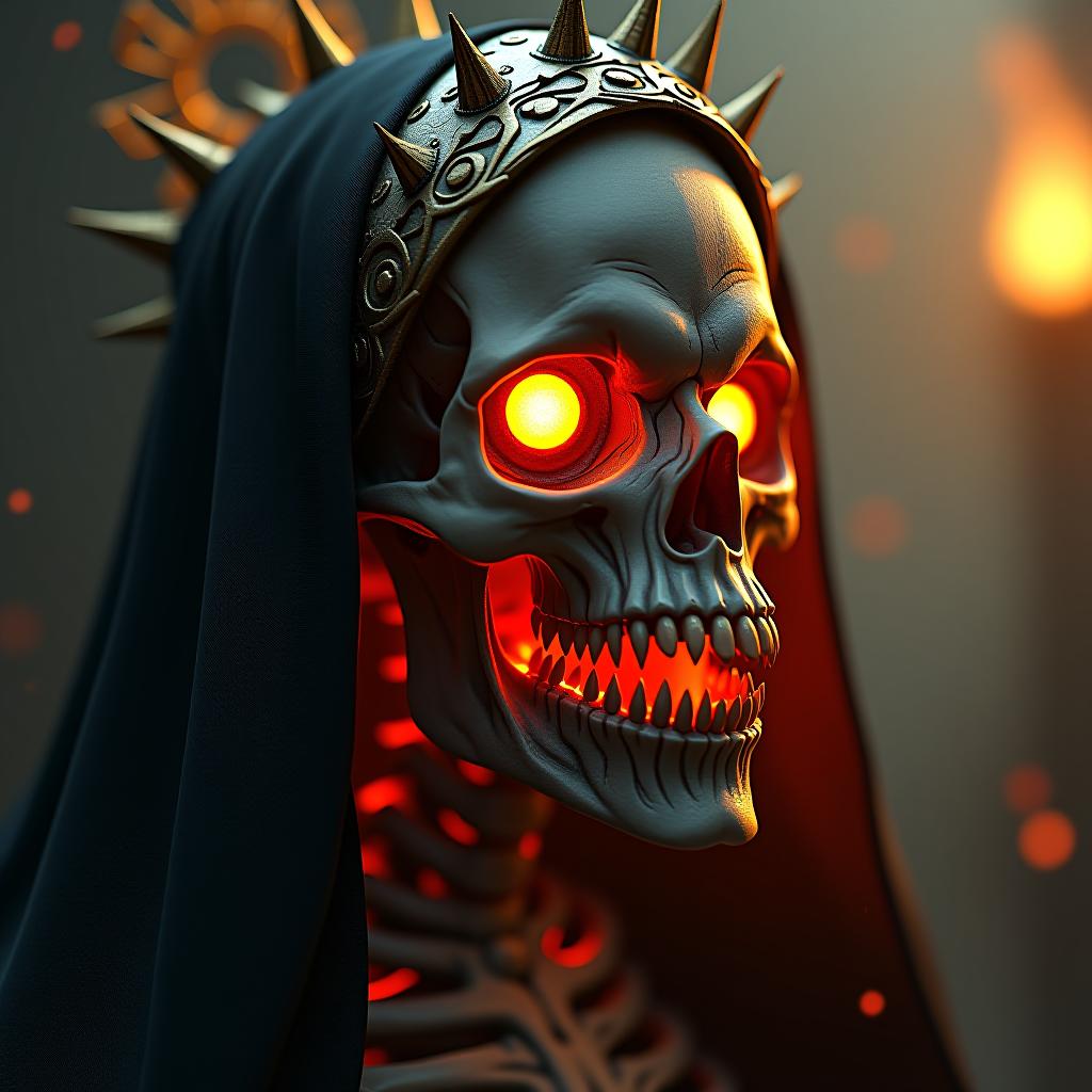  hyperrealistic art hyper realistic digital illustration with the luminous, intricate detailing of the skeletal, demonic nun with an ethereal glow emanating from fiery eyes, sharp, blood streaked teeth and fangs, surrounded by spiked, metallic halo and embellished headpiece, contrasting dark shadows and harsh highlights emphasizing the surreal and eerie textures, the background blurred with floating embers and a golden, ominous ambiance, with intricate bone structures and subtle cracks interwoven into surreal, haunting and intimidatingly fine details permeating through the image. . extremely high resolution details, photographic, realism pushed to extreme, fine texture, incredibly lifelike hyperrealistic, full body, detailed clothing, highly detailed, cinematic lighting, stunningly beautiful, intricate, sharp focus, f/1. 8, 85mm, (centered image composition), (professionally color graded), ((bright soft diffused light)), volumetric fog, trending on instagram, trending on tumblr, HDR 4K, 8K