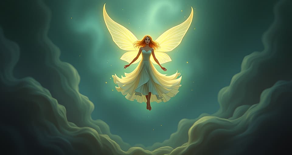  a radiant fairy in a flowing gown, hovering above mystical runes. the runes represent constraints, while her glowing form floats freely, radiating ethereal defiance.. the style is digital art illustration,highly detailed, whimsical,magical, dreamlike atmosphere, realism and fantasy blend, smooth, glossy textures,luminous quality, wonder and enchantment.