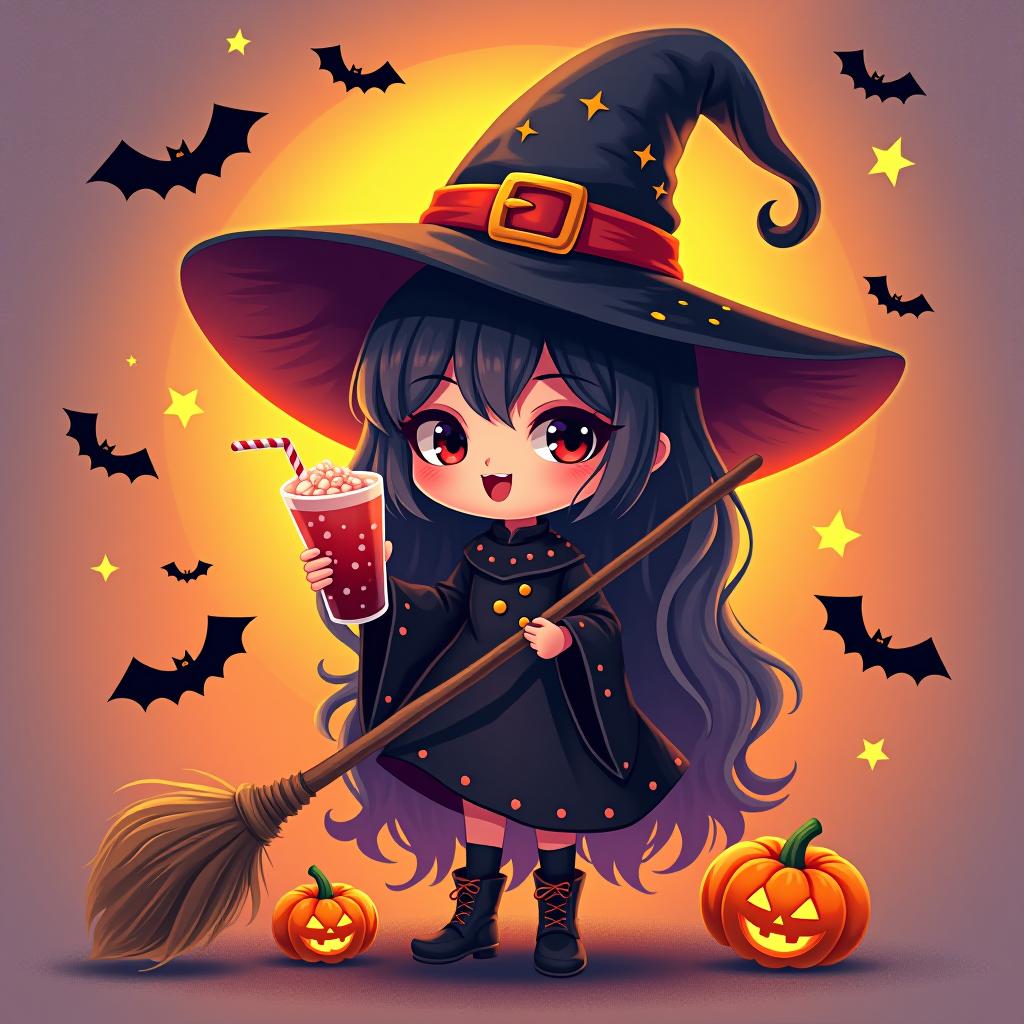  create a digital painting featuring a cute witch character. the witch should be wearing a hat. in one hand, the witch should hold a broomstick, and in the other hand, a halloween themed drink. the background should be colorful and include small black bats, pumpkins and stars to add a playful halloween touch. the overall style should be cute, whimsical, and colorful hyperrealistic, full body, detailed clothing, highly detailed, cinematic lighting, stunningly beautiful, intricate, sharp focus, f/1. 8, 85mm, (centered image composition), (professionally color graded), ((bright soft diffused light)), volumetric fog, trending on instagram, trending on tumblr, HDR 4K, 8K