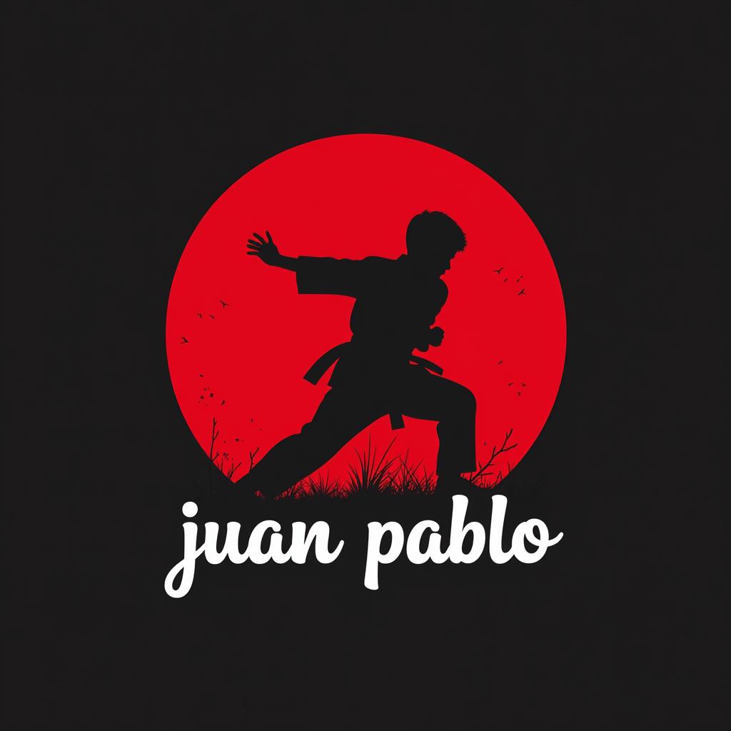  design a logo, in a minimalism style. logotipo de emblema, con el texto escrito ‘juan pablo”’, tema de tae kwon do , negro blanco y rojo, incluye silueta de joven combatiendo en tae kwon do