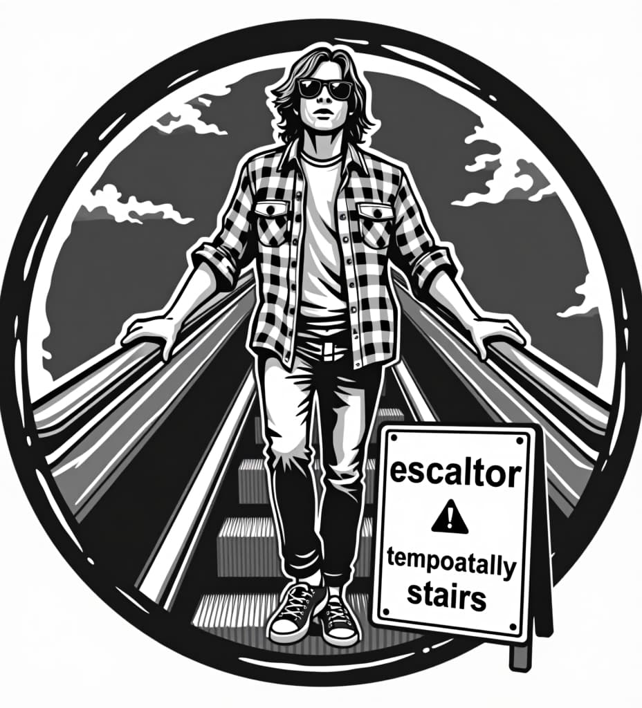  a retro styled, distressed black and white circular vector style logo of mitch hedberg standing on an escalator wearing aviator sunglasses a flannel shirt and shrugging his shoulders. there is a warning sign sandwich board in front of the escalator that says ”escalator temporarily stairs"