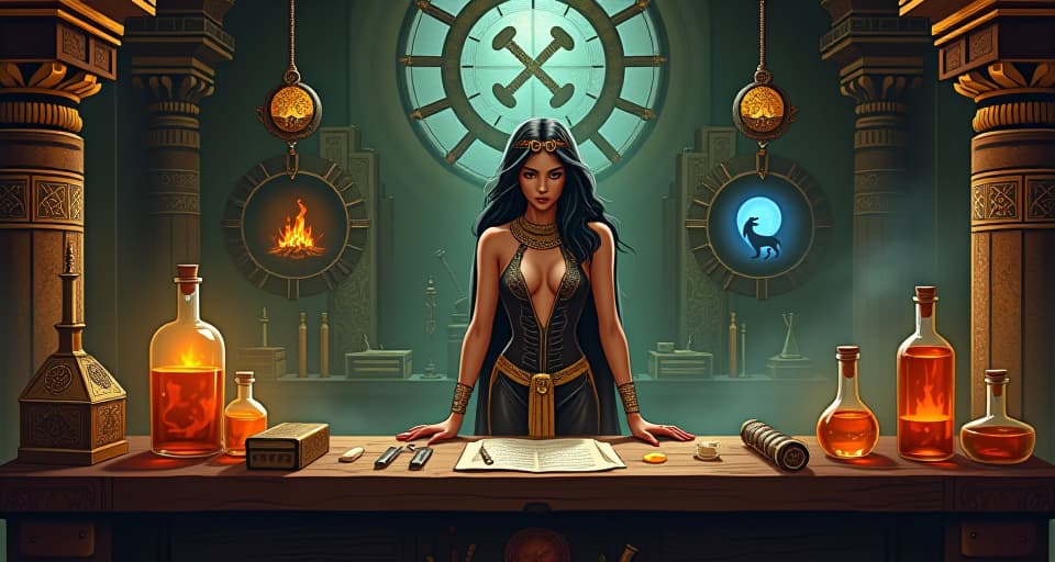  an alchemist's laboratory, ancient and mystical, filled with arcane artifacts and glowing potions, a large busted priestess in a form fitting gown working at a table, symbolizing the transformation of pain into power. the style is digital art illustration / modern comic book / mysterious occult, symbolic, esoteric vibe,high detail on character design, incorporating ancient egyptian symbology and attire.