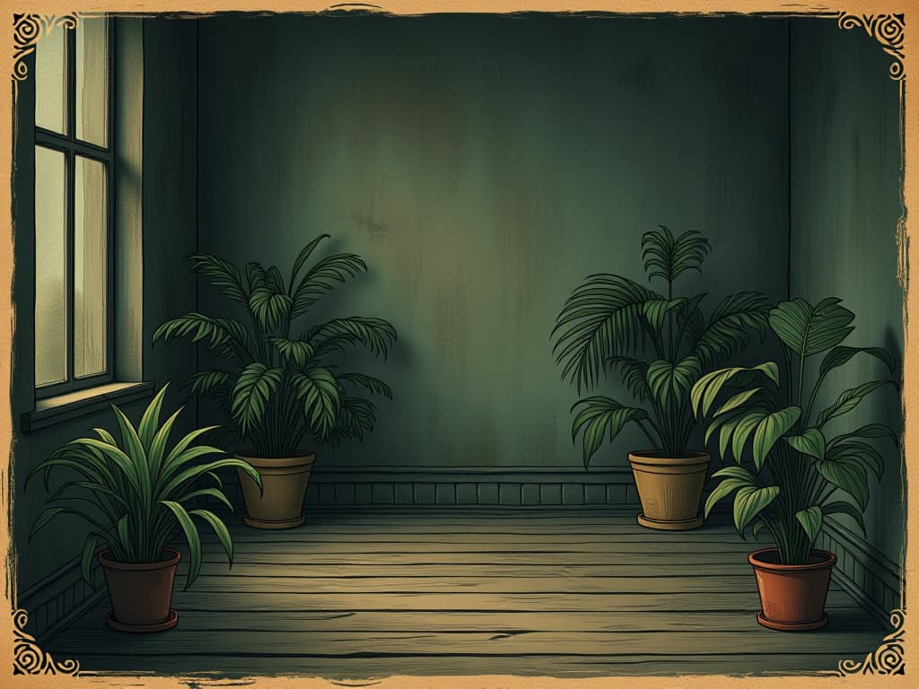  an empty room with only artificial plants, lack of movement, dull colors, dark corners, feeling of lifelessness, stagnant air, oppressive atmosphere. an illustration in the style of a worn, mystical old tarot trump card, mysterious and elements of surrealism. the colors are muted, somber and eerie, but with contrast bring out an occult and esoteric vibe.