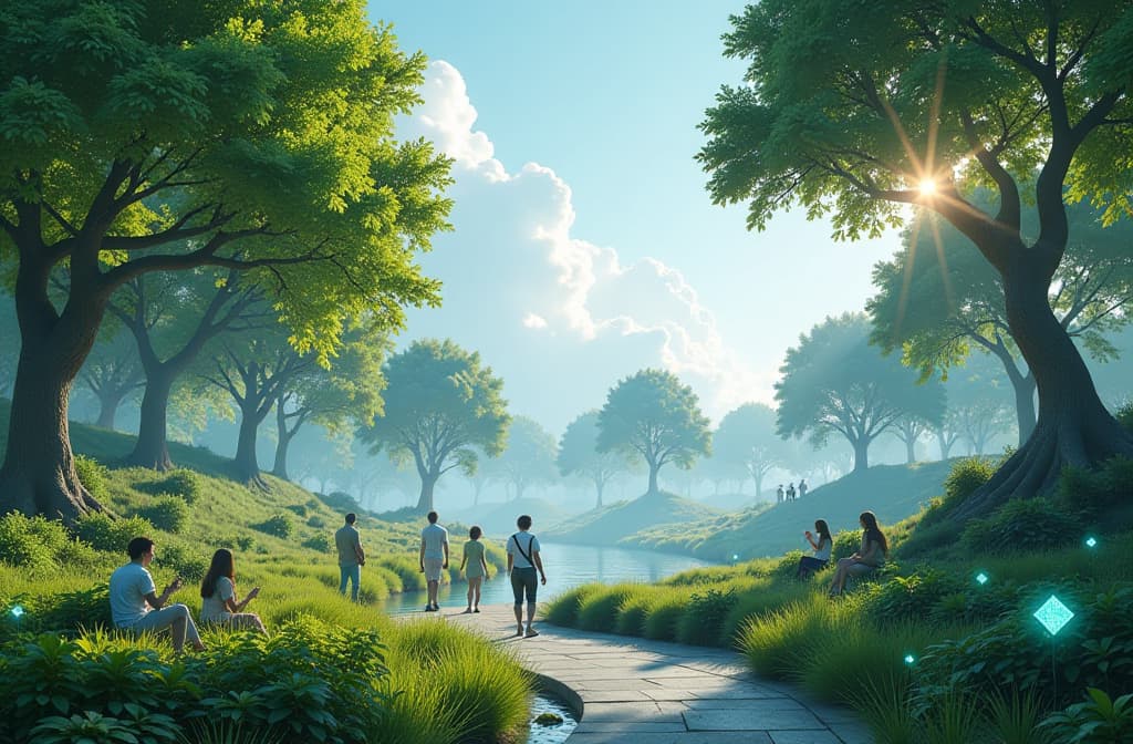  "create a serene landscape showcasing a futuristic digital park, where nature meets technology. visualize lush greenery intertwined with holographic elements, featuring trees with glimmering leaves that emit soft, colorful light. in the background, a clear blue sky reflects pixelated clouds, while people of diverse backgrounds enjoy the scenery, interacting with advanced, yet harmonious ai devices that enhance their connection to the environment." hyperrealistic, full body, detailed clothing, highly detailed, cinematic lighting, stunningly beautiful, intricate, sharp focus, f/1. 8, 85mm, (centered image composition), (professionally color graded), ((bright soft diffused light)), volumetric fog, trending on instagram, trending on tumblr, HDR 4K, 8K