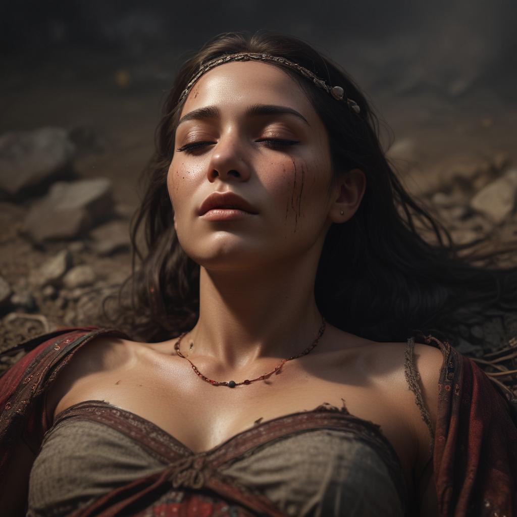 ((masterpiece)),(((best quality))), 8k, high detailed, ultra detailed, a tribe woman dead lying on the ground eyes closed blood, (tribe members mourning), (haunting shadows), (firelight) hyperrealistic, full body, detailed clothing, highly detailed, cinematic lighting, stunningly beautiful, intricate, sharp focus, f/1. 8, 85mm, (centered image composition), (professionally color graded), ((bright soft diffused light)), volumetric fog, trending on instagram, trending on tumblr, HDR 4K, 8K