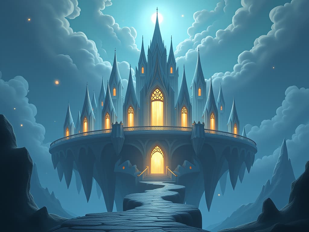  ethereal palace with luminous walls, floating islands around, serene and safe environment, protective energy. the style is digital art illustration,highly detailed, whimsical,magical, dreamlike atmosphere, realism and fantasy blend, smooth, glossy textures,luminous quality, wonder and enchantment.