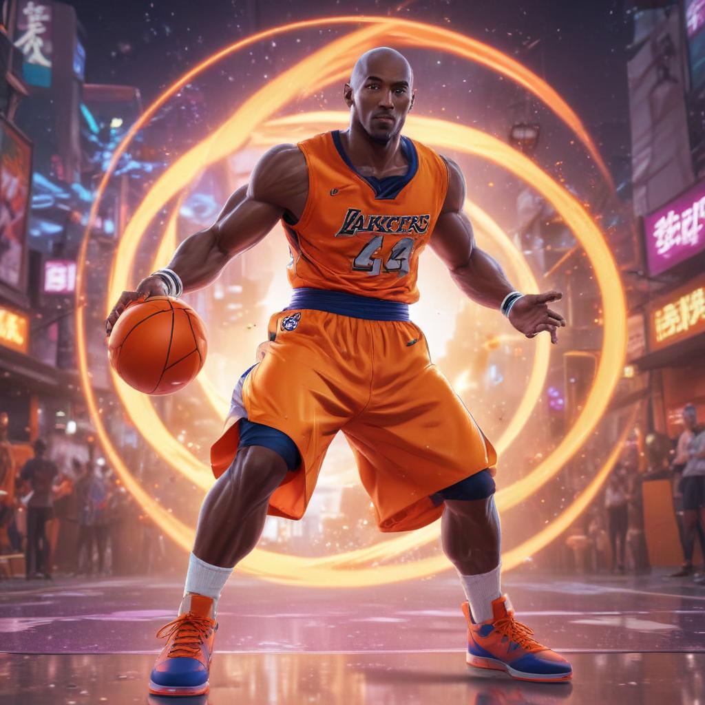 distance-shot, flashy, full-body, dynamic, holographic, animated cartoon poster of kobe scene in the style of dragon ball super