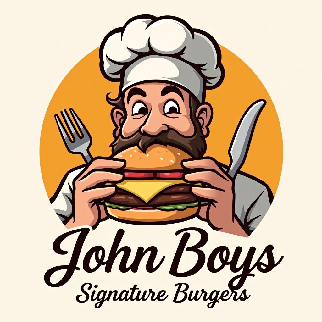  a man really enjoying a cheeseburger john boys signature burgers, (logo), tasty, fresh, gourmet, culinary, chef hat, utensils, warm colors, elegant script, inviting, delicious