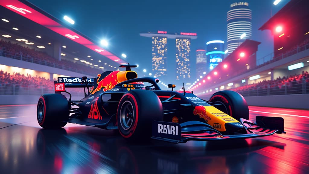  prompt: create an ultra realistic image capturing the essence of max verstappen's impressive second place finish at the singapore grand prix. include detailed depictions of the red bull racing logo on the car, verstappen in his racing gear, the singapore skyline in the background, and the new underfloor design. show dynamic lighting to highlight the moment of qualifying success and convey the optimism surrounding red bull's return to form. incorporate vibrant colors, intricate textures, and a se