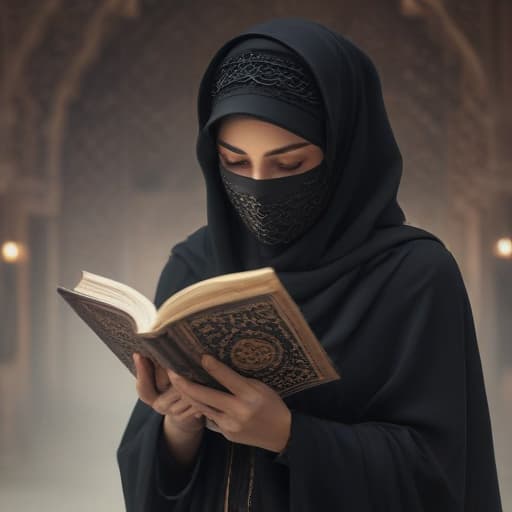 woman in niqab reading Quran hyperrealistic, full body, detailed clothing, highly detailed, cinematic lighting, stunningly beautiful, intricate, sharp focus, f/1. 8, 85mm, (centered image composition), (professionally color graded), ((bright soft diffused light)), volumetric fog, trending on instagram, trending on tumblr, HDR 4K, 8K