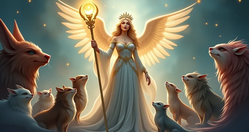  a celestial queen in ethereal, flowing attire, holding a bright staff of change. surrounding her, a group of diverse, magical creatures look up with admiration, inspired by her presence.. the style is digital art illustration,highly detailed, whimsical,magical, dreamlike atmosphere, realism and fantasy blend, smooth, glossy textures,luminous quality, wonder and enchantment.