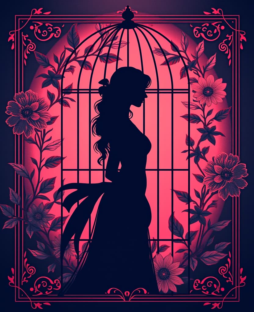  neonpunk style digital image with double exposure and overlay of layers and textures. thin lines. vector art. (silhouette оne bird: 1.5). (bright coloured elements: 1,4). stylised image. hyperdetalisation. background: ((bird cage)). unusual shape. thin frame with vines and flowers. in the style of a victorian postcard by sarah kay. swirl of baroque and rococo, noir, art deco, modern, zentangle, in the manner of mucha, klimt, aubrey beardsley, roman tyrtov. highly detailed. . cyberpunk, vaporwave, neon, vibes, vibrant, stunningly beautiful, crisp, detailed, sleek, ultramodern, magenta highlights, dark purple shadows, high contrast, cinematic, ultra detailed, intricate, professional hyperrealistic, full body, detailed clothing, highly detailed, cinematic lighting, stunningly beautiful, intricate, sharp focus, f/1. 8, 85mm, (centered image composition), (professionally color graded), ((bright soft diffused light)), volumetric fog, trending on instagram, trending on tumblr, HDR 4K, 8K