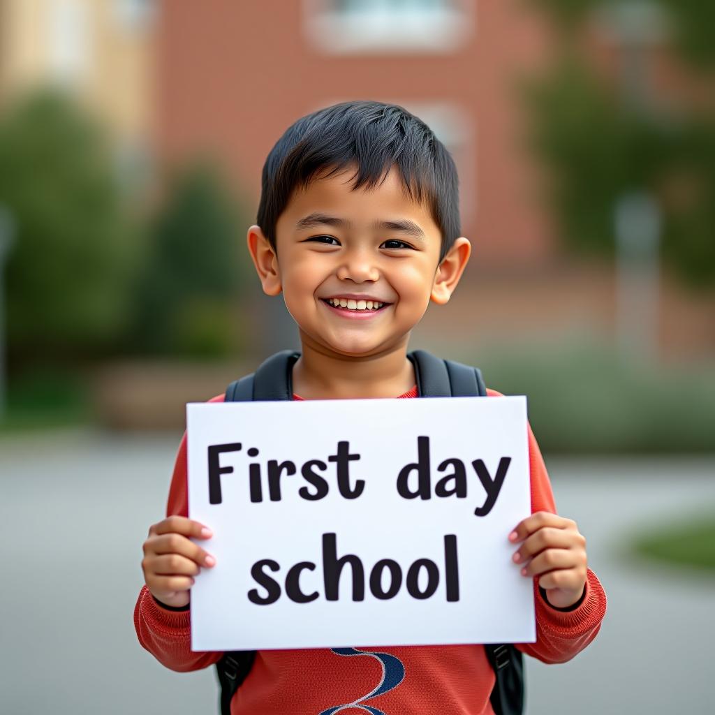  a young boy holding a sign that says first day school. she is smiling and looking happy