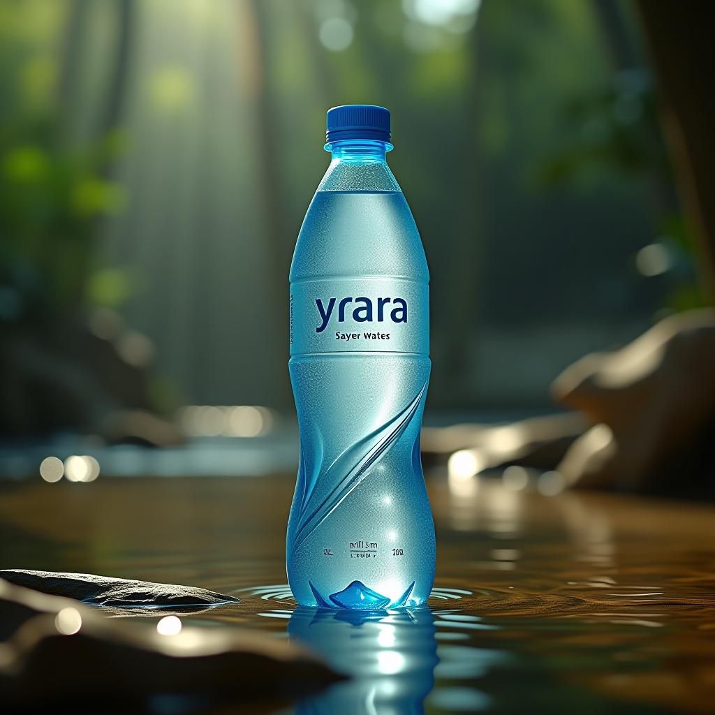  a water bottle which brand name is "yara", natural spring environment, in a jungle, there is a beach nearby hyperrealistic, full body, detailed clothing, highly detailed, cinematic lighting, stunningly beautiful, intricate, sharp focus, f/1. 8, 85mm, (centered image composition), (professionally color graded), ((bright soft diffused light)), volumetric fog, trending on instagram, trending on tumblr, HDR 4K, 8K