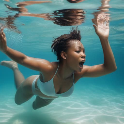 African woman in swimsuit drowning underwater