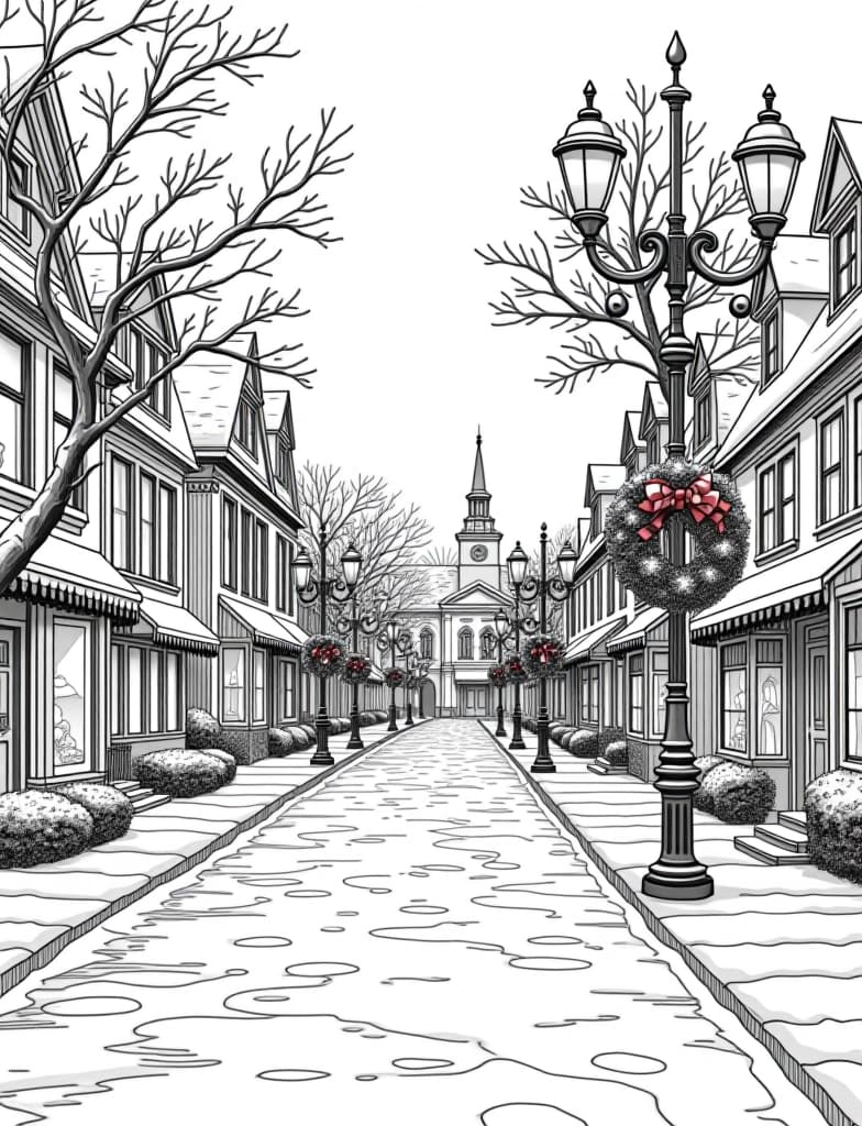  this is for an adult coloring page. a detailed black and white line art of a snowy snowy street with vintage lampposts and holiday decorations on a solid white background.