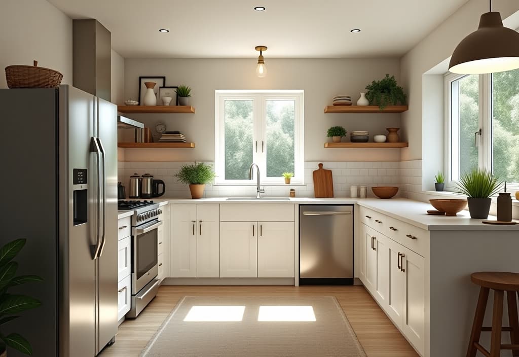  a landscape photo of a bright and airy small kitchen with budget friendly appliances, open shelving, and a compact island, showcasing clever storage solutions and a modern farmhouse aesthetic hyperrealistic, full body, detailed clothing, highly detailed, cinematic lighting, stunningly beautiful, intricate, sharp focus, f/1. 8, 85mm, (centered image composition), (professionally color graded), ((bright soft diffused light)), volumetric fog, trending on instagram, trending on tumblr, HDR 4K, 8K