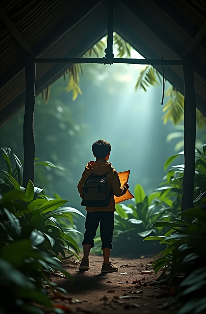  a boy in a hut surrounded by jungle, the boy found a treasure map hyperrealistic, full body, detailed clothing, highly detailed, cinematic lighting, stunningly beautiful, intricate, sharp focus, f/1. 8, 85mm, (centered image composition), (professionally color graded), ((bright soft diffused light)), volumetric fog, trending on instagram, trending on tumblr, HDR 4K, 8K