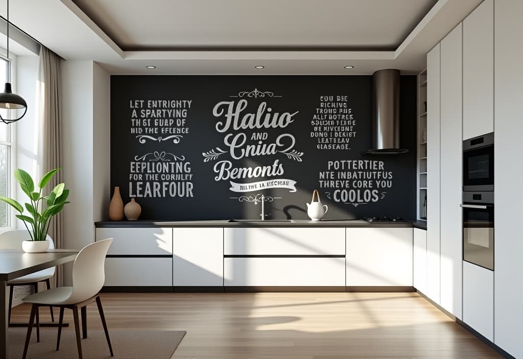  a landscape photo of a modern minimalist kitchen with sleek white cabinets and a large chalkboard wall featuring hand lettered inspirational quotes in various artistic styles hyperrealistic, full body, detailed clothing, highly detailed, cinematic lighting, stunningly beautiful, intricate, sharp focus, f/1. 8, 85mm, (centered image composition), (professionally color graded), ((bright soft diffused light)), volumetric fog, trending on instagram, trending on tumblr, HDR 4K, 8K