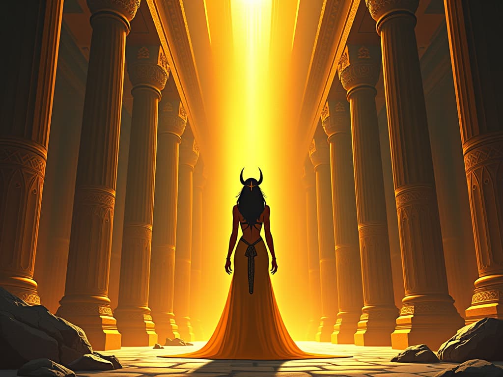  sanctuary made of golden light, ancient egyptian temple with large busted priestess in tight attire, offering solace. the style is digital art illustration / modern comic book / mysterious occult, symbolic, esoteric vibe,high detail on character design, incorporating ancient egyptian symbology and attire.