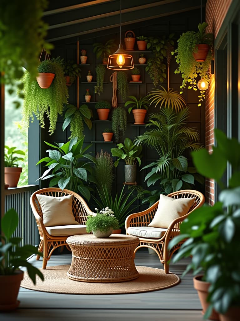  high quality portrait photo of a lush, botanical inspired porch with hanging plants, a vertical garden wall, and natural wicker furniture, creating an urban jungle oasis hyperrealistic, full body, detailed clothing, highly detailed, cinematic lighting, stunningly beautiful, intricate, sharp focus, f/1. 8, 85mm, (centered image composition), (professionally color graded), ((bright soft diffused light)), volumetric fog, trending on instagram, trending on tumblr, HDR 4K, 8K