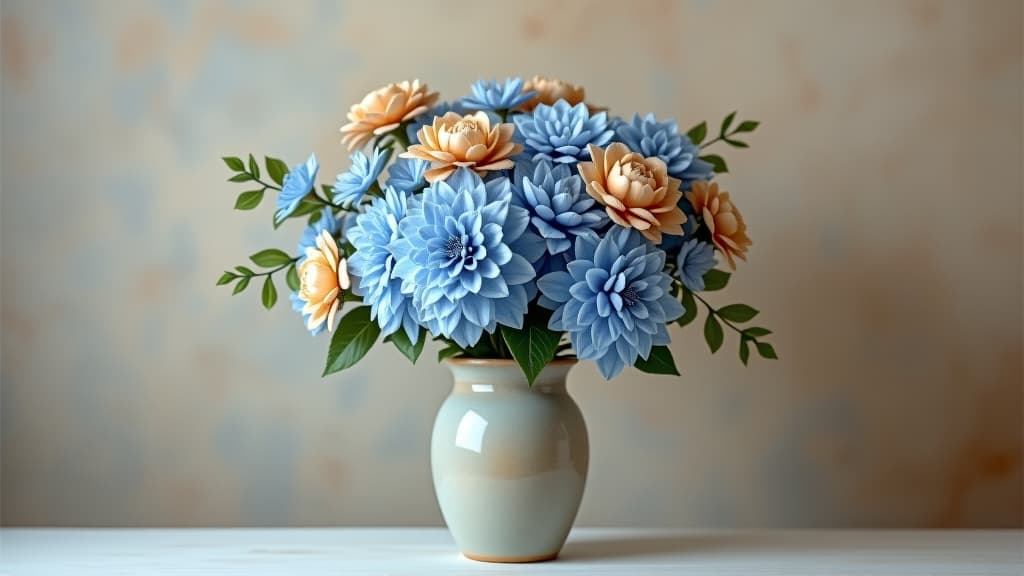  a still life featuring a vase of blue and beige flowers against a textured wall.