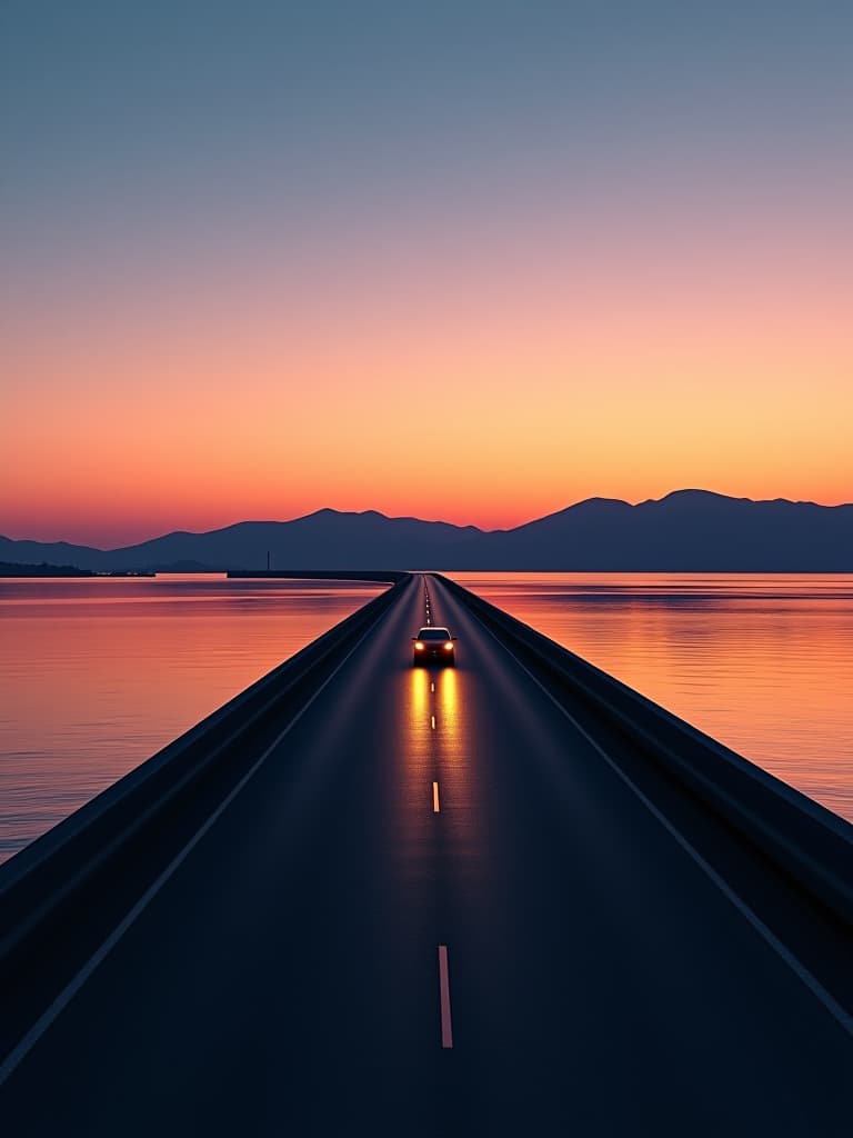  generate a cinematic scene of a lone car driving across a long bridge at dusk. the sky should be painted in soft hues of orange, purple, and blue, reflecting on the calm waters below. the car's headlights cast a soft glow on the road, while the distant silhouette of hills looms on the horizon, adding a sense of solitude and serenity to the scene