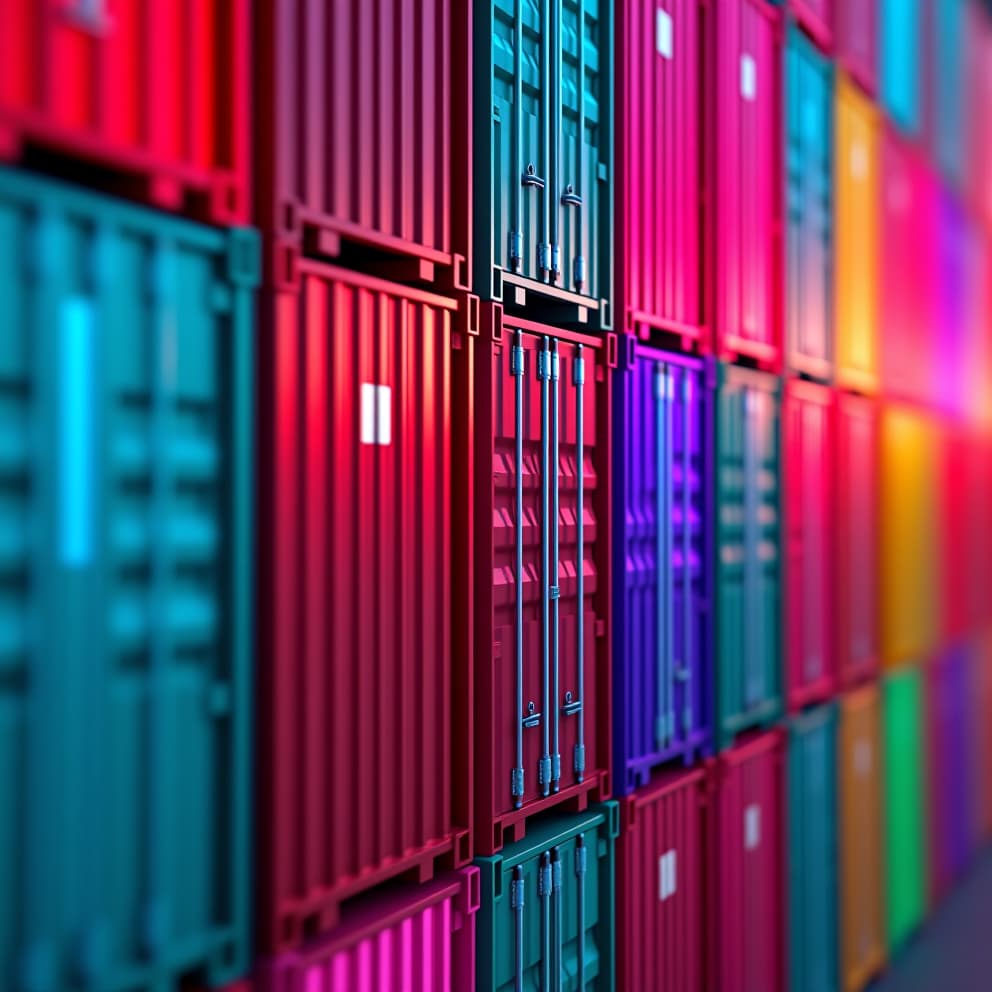  a row of colorful, interlocked containers, stacked neatly in a flux style, with vibrant neon lights highlighting the edges and reflecting off their surfaces. emphasize the dynamic movement of the containers, as if they are flowing smoothly in a rhythmic pattern.hyper detail, intricate details, sharp focus, high resolution, 8k, ultra detailed, vib