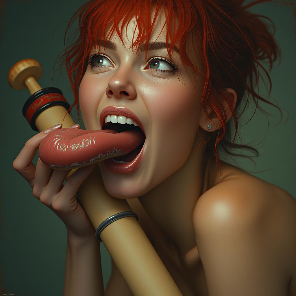  beautiful red headed woman sticking her large flat tongue fully out, covered in sweat, holding a tan colored cylinder with a mushroom at the end, award winning, professional, highly detailed, masterpiece